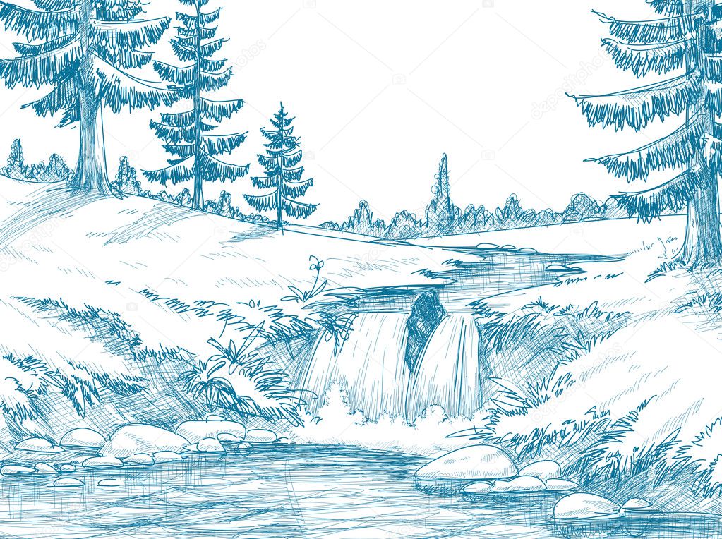Mountain river pencil drawing