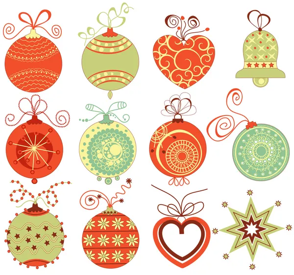 Retro Christmas ornaments set in traditional colors — Stock Vector