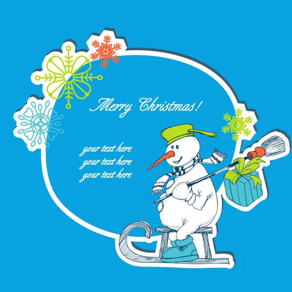 Weihnachtsrahmen mit handgezeichnetem Schneemann und Geschenk — Stockvektor