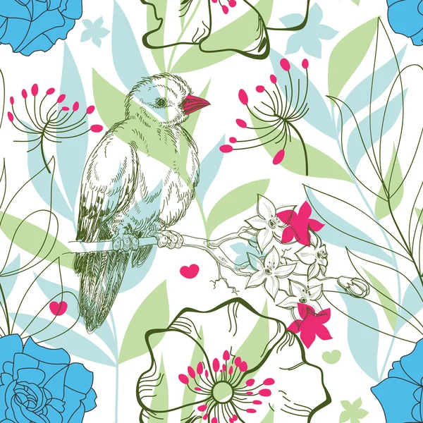 Floral vogel naadloze patroon — Stok Vektör