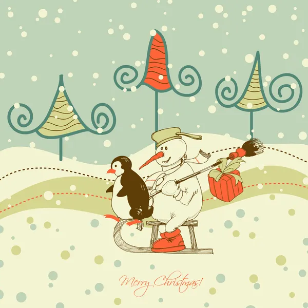 Bonito cartão de felicitações de Natal, cena de inverno —  Vetores de Stock