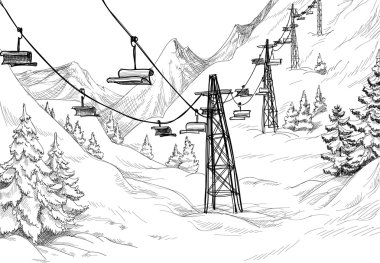 Mountain ski lift sketch clipart