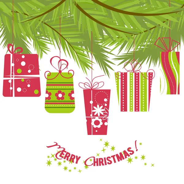 Scatole regalo di Natale appese sopra l'albero di Natale — Vettoriale Stock