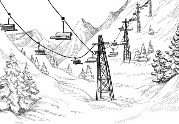 Mountain ski lift sketch — Stock Vector