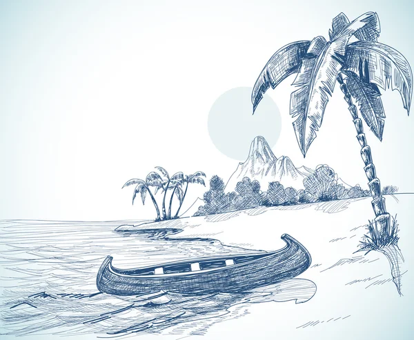 Παραλία σκίτσο με βάρκα από την ακτή — Διανυσματικό Αρχείο