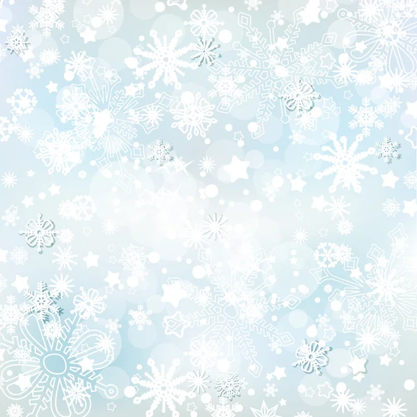 Fagyos téli háttér, hópelyhek és fények — Stock Vector