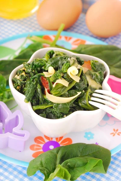 Boiled spinach with egg for baby — Stock Photo, Image