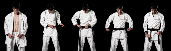 Karatê lutador masculino vestir quimono alto contraste composto secuência em bla — Fotografia de Stock