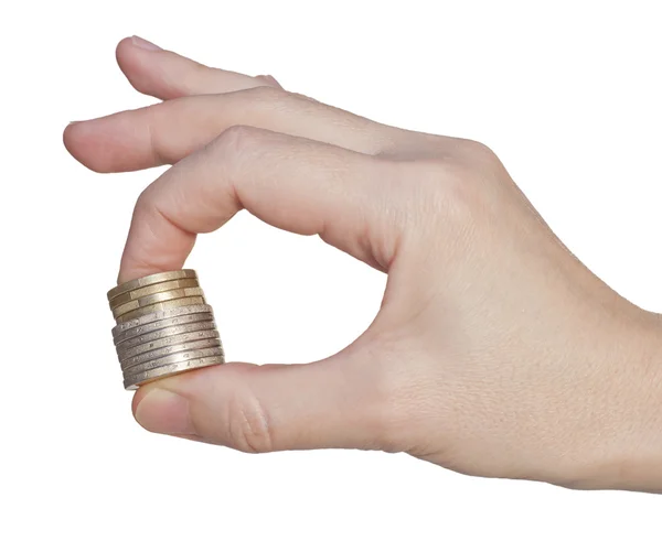 Münzen in der Hand stapeln — Stockfoto