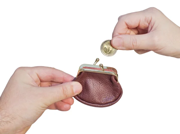Hand with a purse and coin — Stock Photo, Image