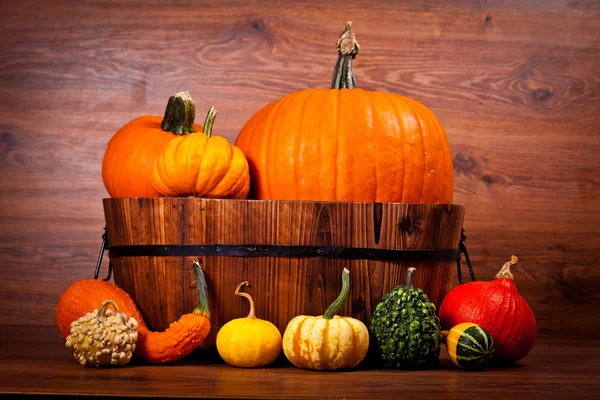 stock image Ripe pumpkin fruits on wooden background