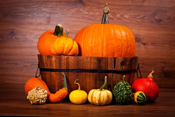 stock image Ripe pumpkin fruits on wooden background