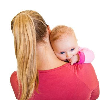 Mother holding infant baby girl isolated on white