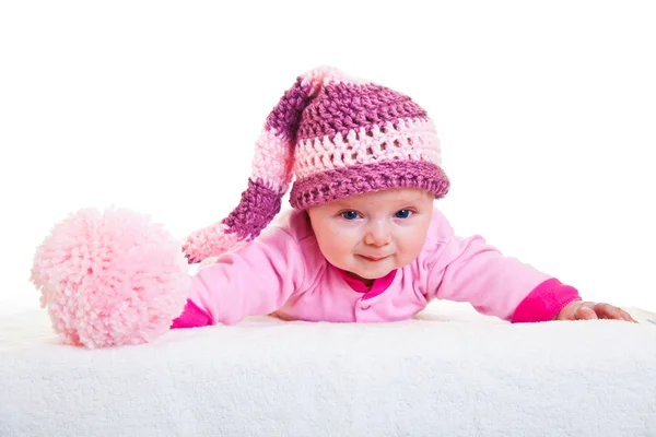 Κορίτσι βρέφος μωρό αύξηση το κεφάλι με το αστείο καπέλο που απομονώνονται σε λευκό — Φωτογραφία Αρχείου