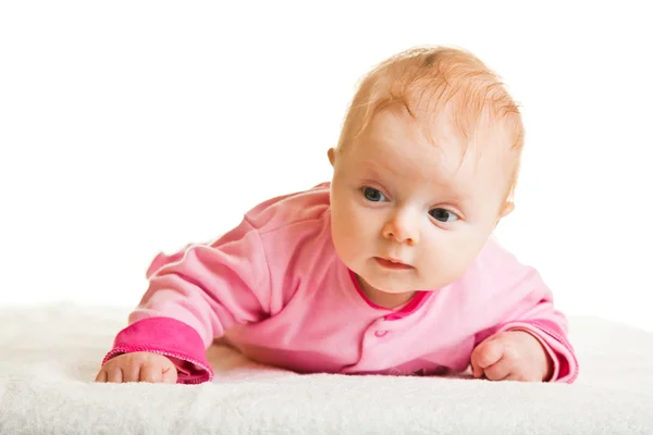 Spädbarn flicka håller huvud isolerad på vit — Stockfoto