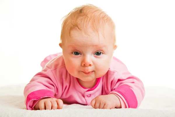 Spädbarn flicka håller huvud isolerad på vit — Stockfoto
