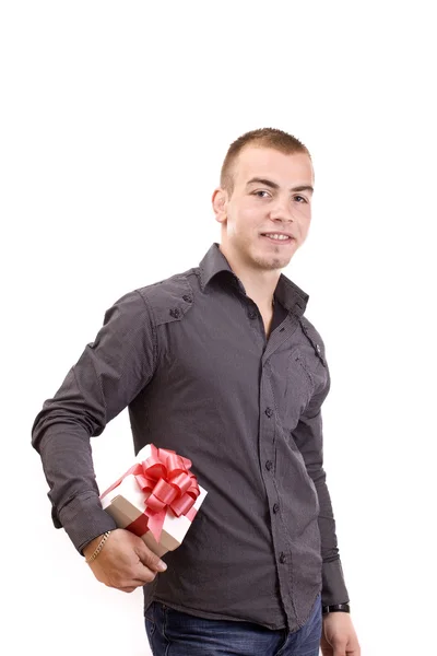 Muž zabalený dárkový box — Stock fotografie