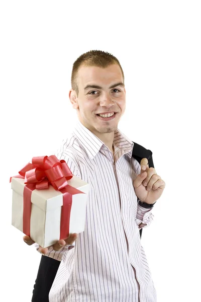 Hombre con una caja de regalo envuelta —  Fotos de Stock