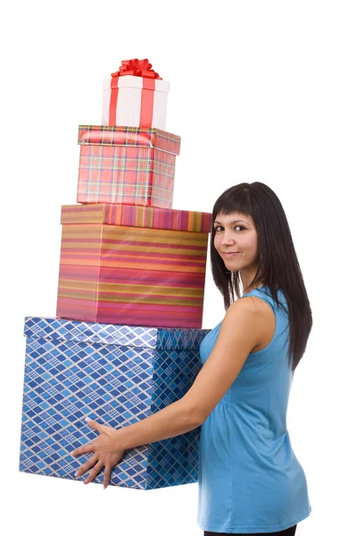 Chica en azul con caja de regalo de grupo —  Fotos de Stock