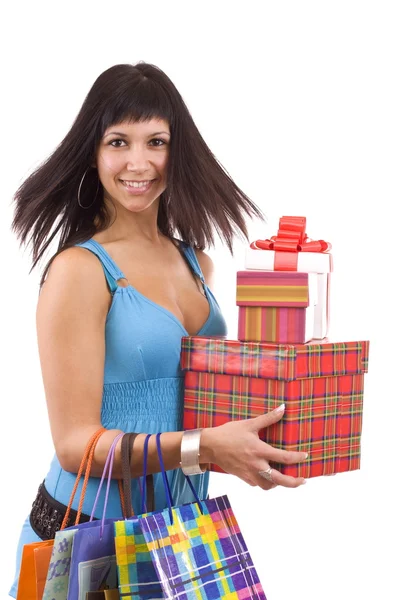 Mädchen in blau mit Gruppe Geschenk-Box — Stockfoto