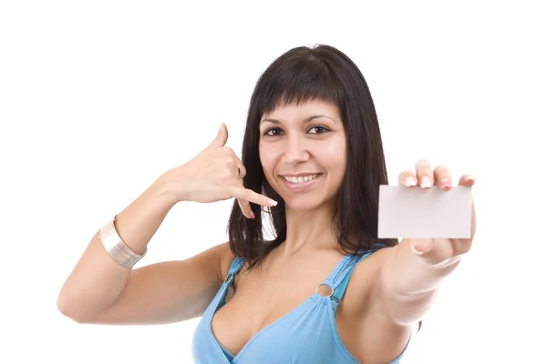 Сексуальная женщина вручает визитку — стоковое фото