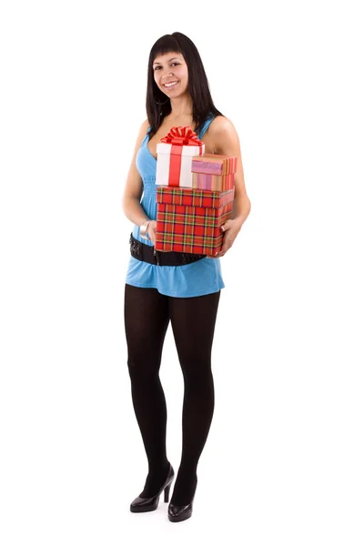Vrouw met vele geschenkdozen — Stockfoto