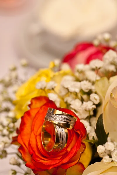 Anillos de boda y rosas —  Fotos de Stock