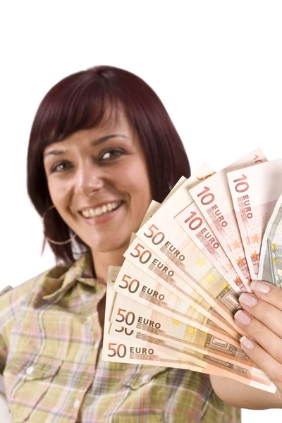 Mujer sosteniendo dinero Imágenes de stock libres de derechos