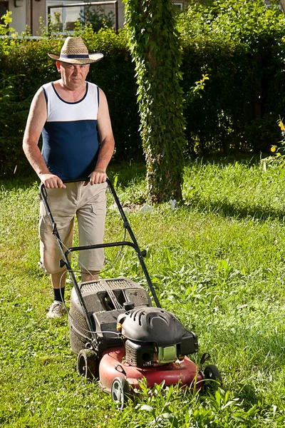 Muž seká trávník — Stock fotografie