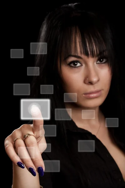 Frau drückt Hand auf digitale Knöpfe — Stockfoto