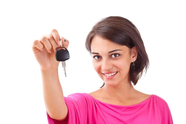 Mulher segurando chaves do carro — Fotografia de Stock