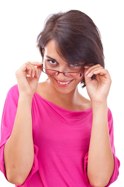 Mujer tirando gafas — Foto de Stock