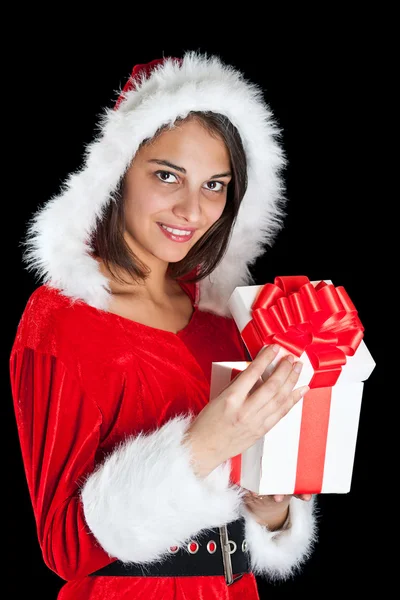 Miss Weihnachtsmann beim Öffnen einer Geschenkbox — Stockfoto