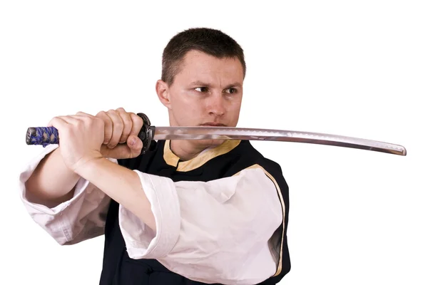 Парень с японским мечом — стоковое фото