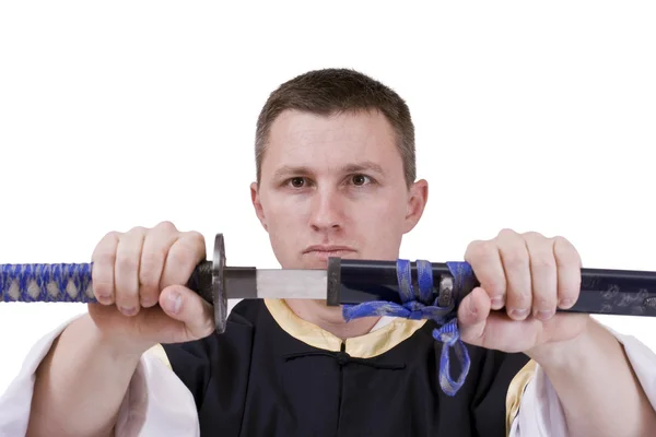 Guy with japanese sword — Stock Photo, Image