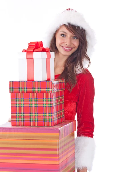 Miss Santa com caixa de presente — Fotografia de Stock