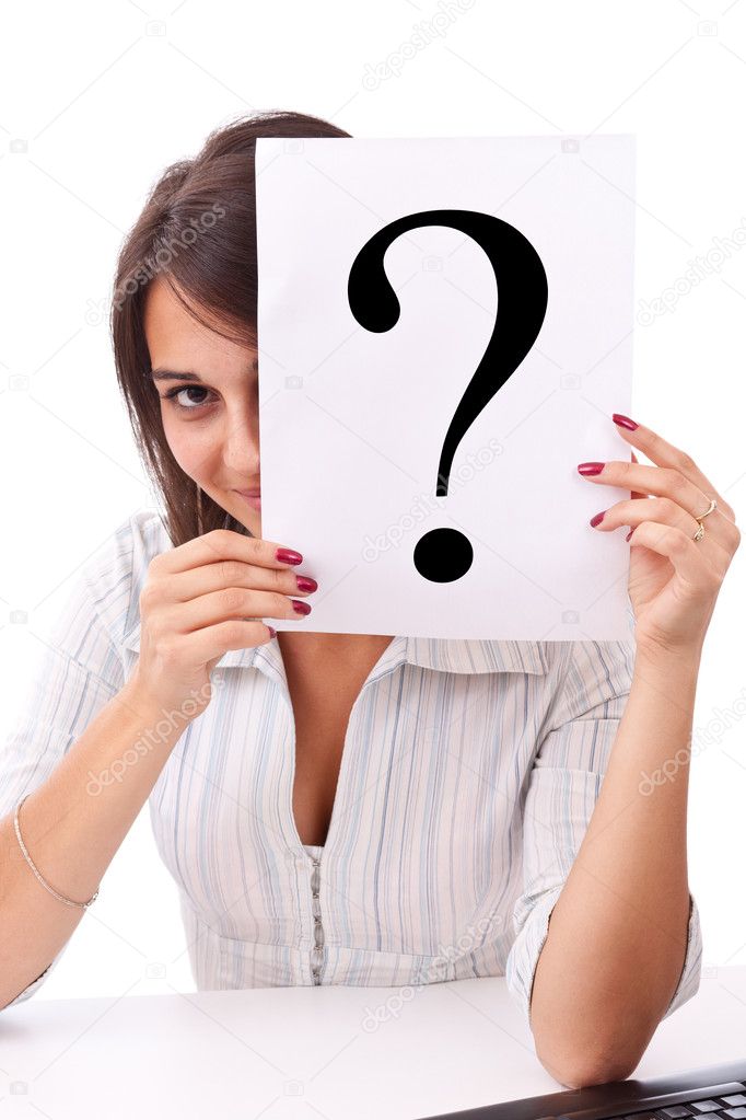 Business woman holding question mark