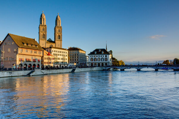 Zurich with the Limmat river in the last evening light
