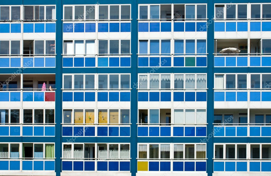 Blue facade of an GDR apartment building