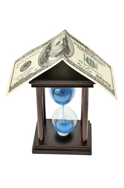 Піщана склянка і долар. Концепція - час гроші — стокове фото