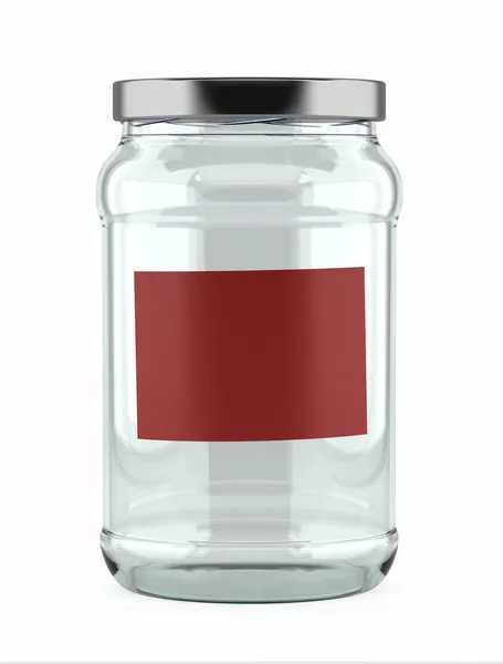 Barattolo di vetro vuoto con etichetta rossa — Foto Stock