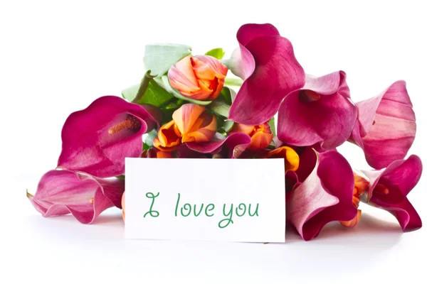 Bukett av calla liljor och tulpaner — Stockfoto