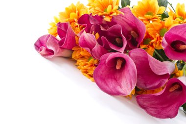 Bouquet of calla lilies and orange chrysanthemums clipart