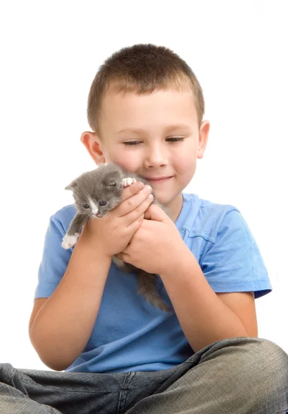Den lilla pojken i blå t-shirt med en fluffig kattunge. fotografi i stu — Stockfoto