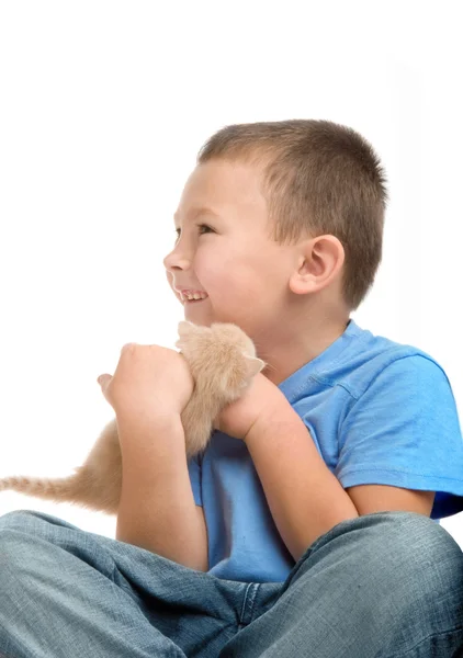 O rapazinho de t-shirt azul com um gatinho fofo. Fotografia no stu — Fotografia de Stock