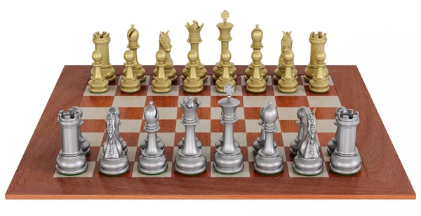 Metal chess set on wooden board — Stock Photo, Image
