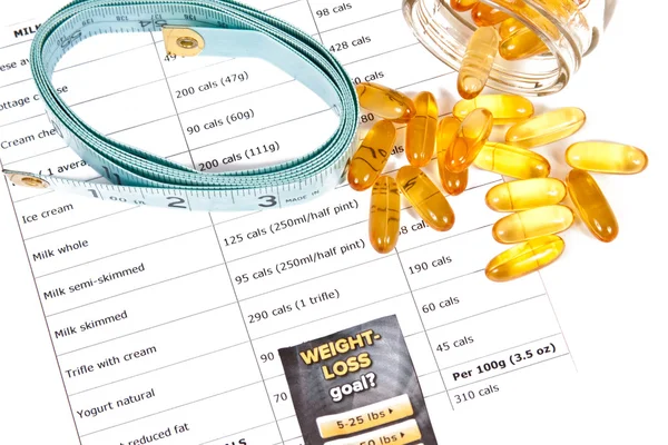 Measuring Tape, Calorie Chart And Diet Pills — Stock Photo, Image