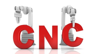 Industrial robotic arms building CNC word clipart