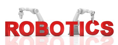 Industrial robotic arms building ROBOTICS word clipart