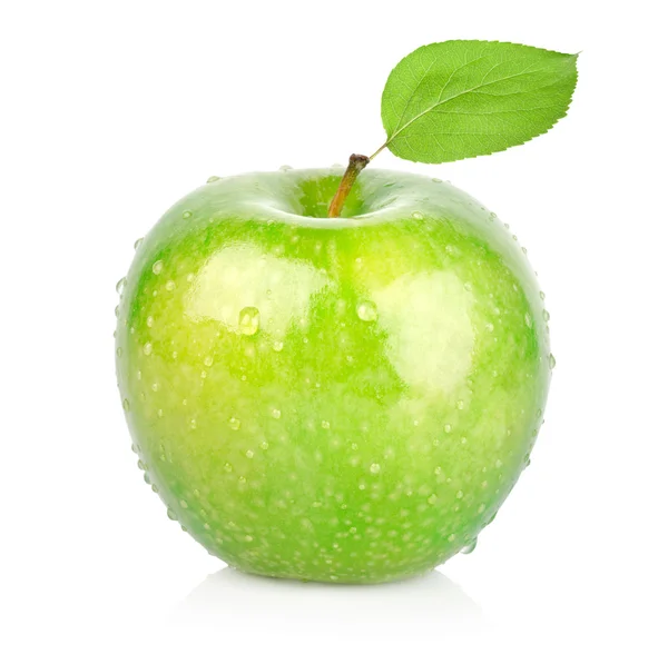 Zielone Jabłuszko z liściem — Zdjęcie stockowe